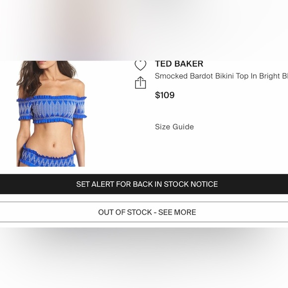 Ted Baker Smocked Bardot Bikini Top In Bright Blue size 1 - Picture 2 of 7